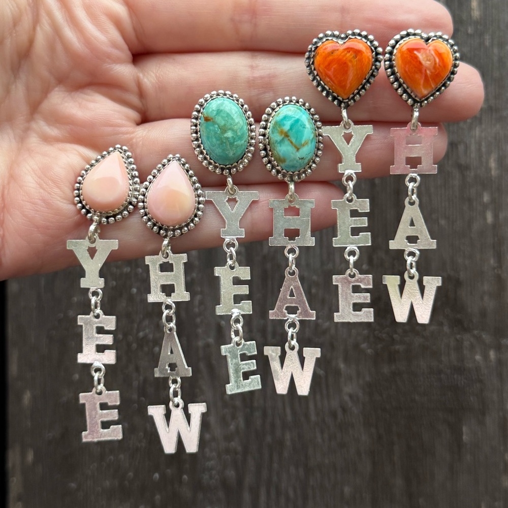 YeeHaw Sterling Silver Turquoise, Spiny Oyster, and Pink Conch Dangle Earrings